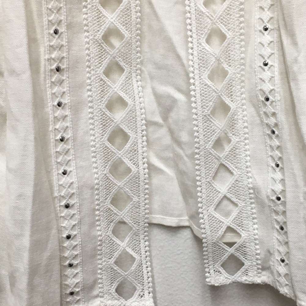 Zara Linen Cotton Embroidered Blouse Medium Cream Front Tassel Tie Beaded Boho - Picture 8 of 10